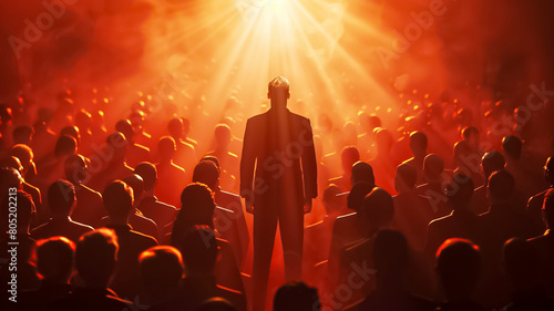 A man stands in front of a crowd of people, with the sun shining on him