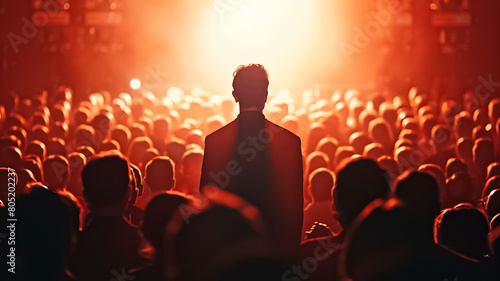 A man stands in front of a crowd of people, with the audience looking up at him