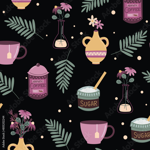 Seamless bright pattern with tea party utensils. multicolored mugs, cups, teapots and coffee cups on a black  background