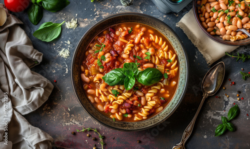 pasta pomodoro fusili with tomato sause and fresh basil leaves