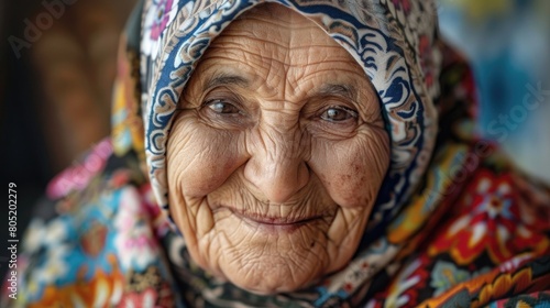 Portrait of a happy old Muslim woman wearing traditional attire