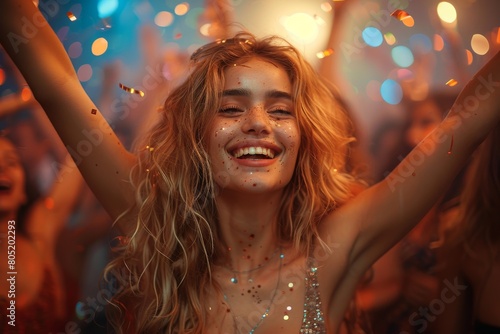 Young woman joyfully celebrates with confetti and bright lights at a party