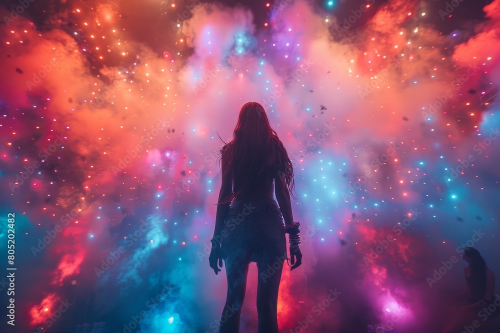 A mesmerizing image of a woman surrounded by an explosion of cosmic colors, provoking feelings of awe A mesmerizing image of a woman surrounded by an explosion of cosmic colors, provoking feelings of awe