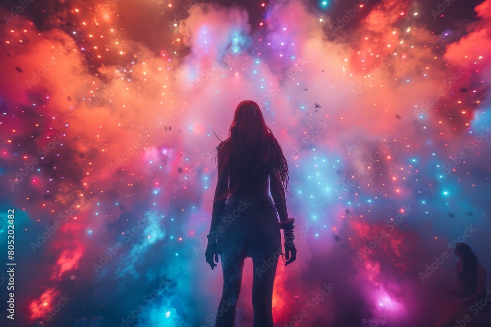 A mesmerizing image of a woman surrounded by an explosion of cosmic colors, provoking feelings of awe