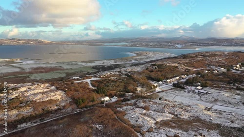 Aerial view of snow covered Clooney by Portnoo in County Donegal, Ireland. photo