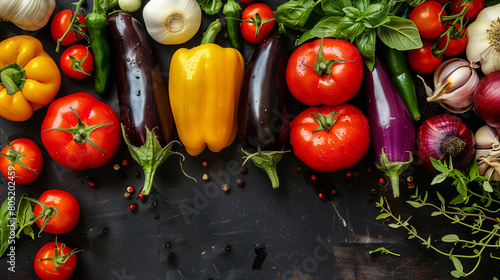 fresh vegetables herbs and spice like eggplant pepper tomato garlic and basil on a black background