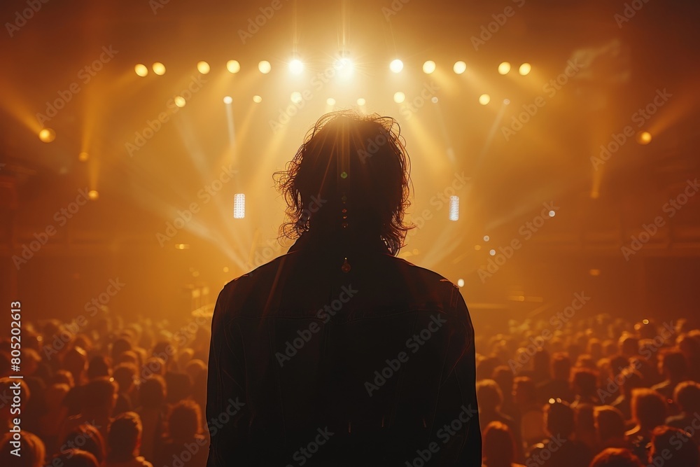 Silhouette of a person from the back with a crowd and stage lights in the background at a live concert event