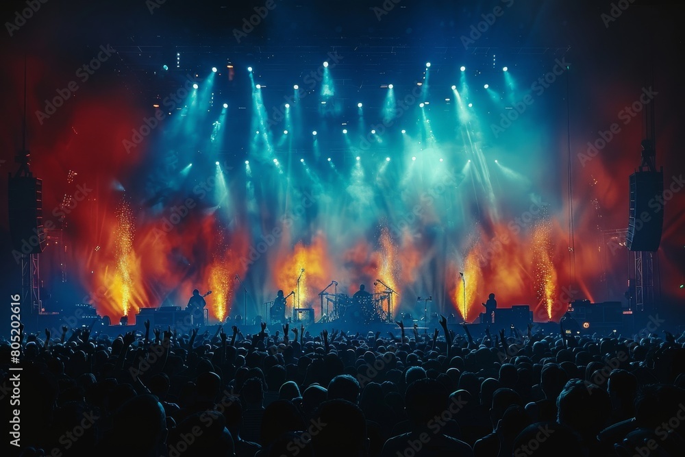 A thrilling scene at a concert with an excited crowd, illuminated by dynamic stage lights and colorful effects