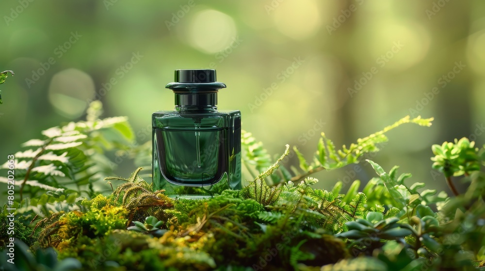 Artistic composition featuring a dark green classic glass perfume bottle on a bed of moss and ferns, evoking a natural, earthy atmosphere Artistic composition featuring a dark green classic glass perfume bottle on a bed of moss and ferns, evoking a natural, earthy atmosphere