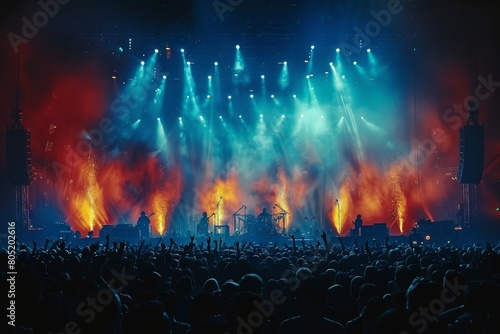 A thrilling scene at a concert with an excited crowd, illuminated by dynamic stage lights and colorful effects photo