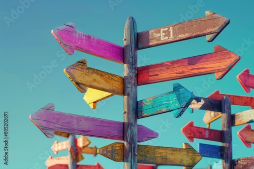 Wooden sign with multiple colored arrows, perfect for indicating different paths or choices