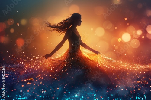 Captured in motion, a woman in a sparkling dress is surrounded by mesmerizing bokeh lights, evoking movement and magic