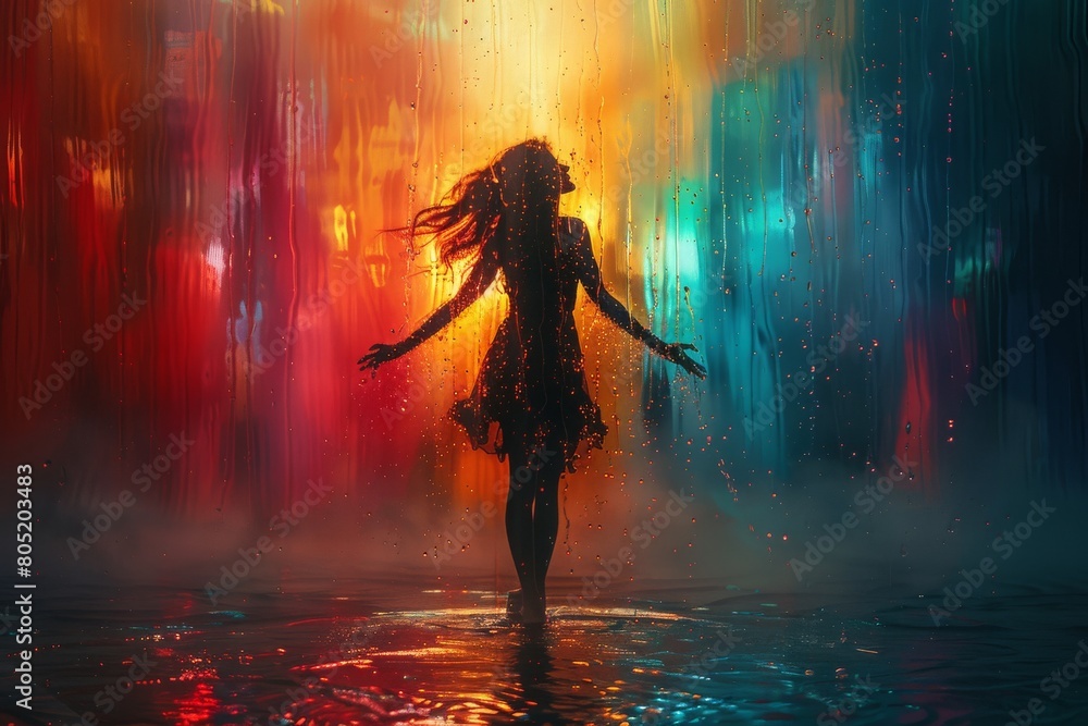 A backlit figure of a dancer is captured amidst vibrant, multicolored light reflections creating an energetic and dynamic atmosphere