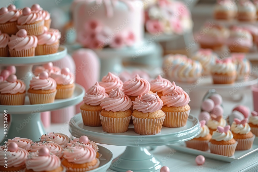 Delicious assortment of pink frosted cupcakes neatly arranged on tiered white cake stands, perfect for a sweet celebration