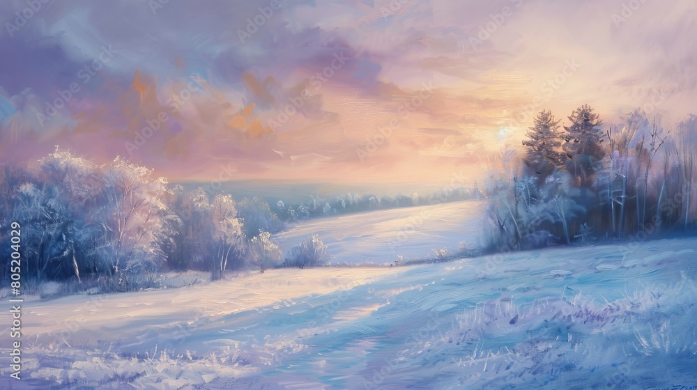 A winter wonderland of snow-covered trees and a frozen lake at sunset oil painting