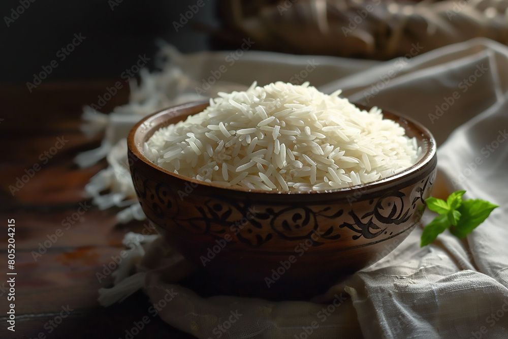 Indian cooked basmati rice in a wooden plate, over colourful or wooden background, selective focus Indian cooked basmati rice in a wooden plate, over colourful or wooden background, selective focus