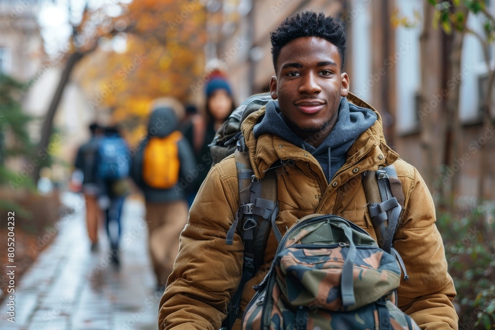 A casually dressed young man with a backpack walks down a street lined with autumn foliage A casually dressed young man with a backpack walks down a street lined with autumn foliage