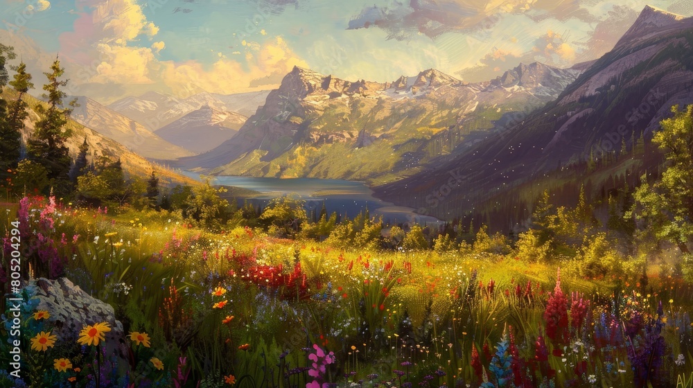 A beautiful landscape oil painting with mountains, a river, and a meadow full of flowers