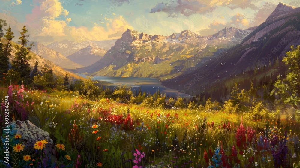 A beautiful landscape oil painting with mountains, a river, and a meadow full of flowers A beautiful landscape oil painting with mountains, a river, and a meadow full of flowers