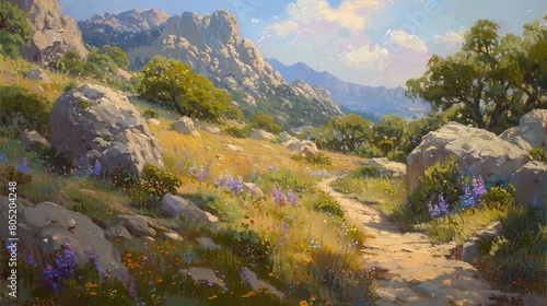 A beautiful landscape oil painting with a mountain in the background