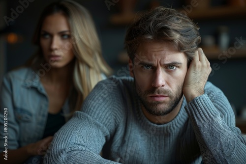 A man with a troubled expression with a woman sitting out of focus behind him, symbolizing domestic tension