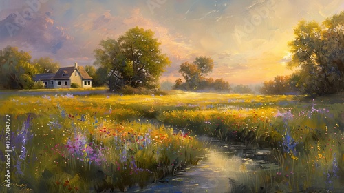 A beautiful landscape oil painting with a small cottage in the distance