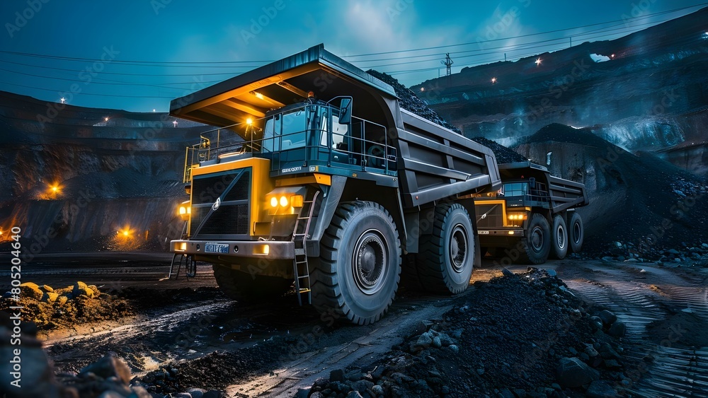 Nighttime coal mining operation with large dump truck loading minerals for transportation. Concept Coal Mining, Night Operations, Dump Truck, Mineral Extraction, Transportation Nighttime coal mining operation with large dump truck loading minerals for transportation. Concept Coal Mining, Night Operations, Dump Truck, Mineral Extraction, Transportation
