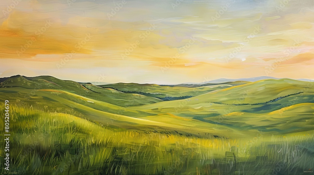 A beautiful landscape oil painting with green hills and a yellow sky