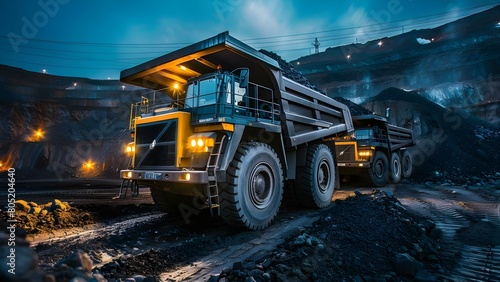 Nighttime coal mining operation with large dump truck loading minerals for transportation. Concept Coal Mining  Night Operations  Dump Truck  Mineral Extraction  Transportation