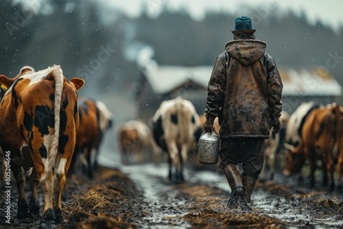The cowherd is seen from behind walking through the muddy farmland with a milk pail alongside cows photo