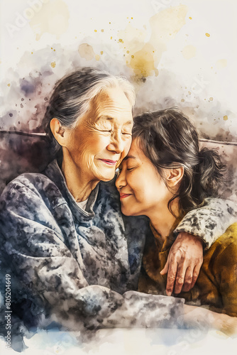 Celebrate the connection between generations with this touching card design, an elderly mother and her beloved daughter share moments of pure joy on a cozy home sofa, vertical drawing © Ed