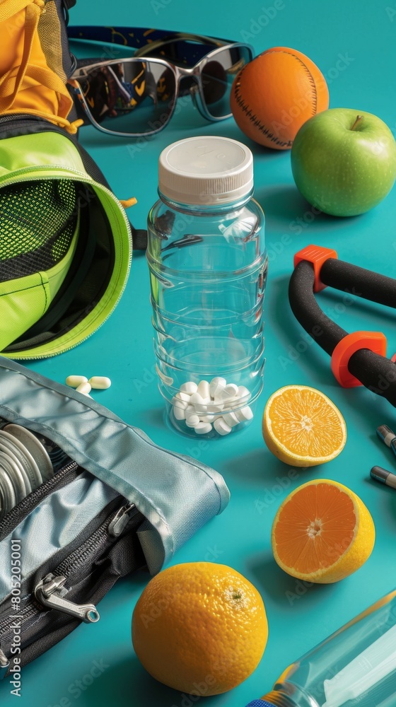 An active lifestyle scene with a clear plastic pill container on a gym bag, accompanied by sports equipment and a healthy snack An active lifestyle scene with a clear plastic pill container on a gym bag, accompanied by sports equipment and a healthy snack