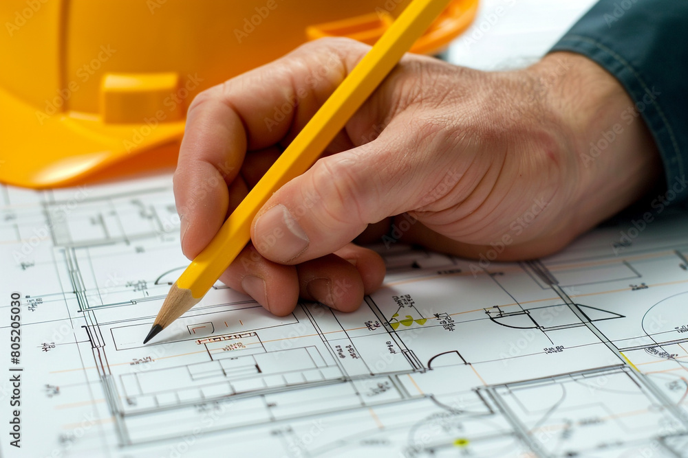 Engineers hand holding a pencil over a site plan Engineers hand holding a pencil over a site plan