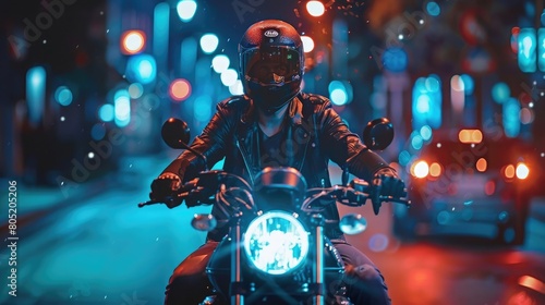 A portrait of a handsome male motorbike rider in the street at night