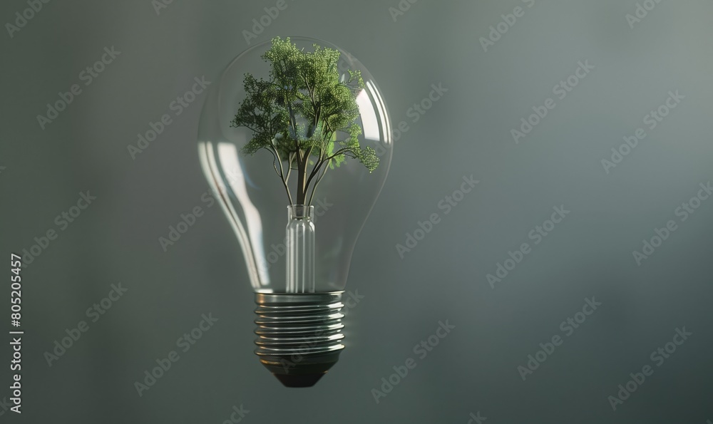 Renewable Energy. Environmental protection, renewable, sustainable energy sources. Green tree in the light bulb on khaki background