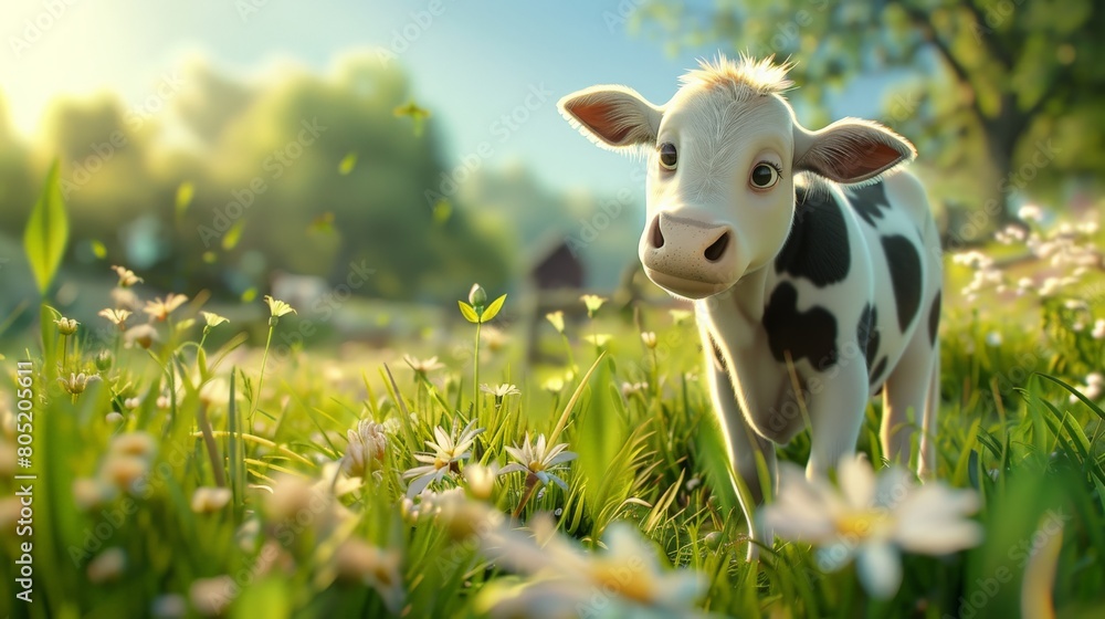A cute cartoon cow standing in a green field of grass and flowers