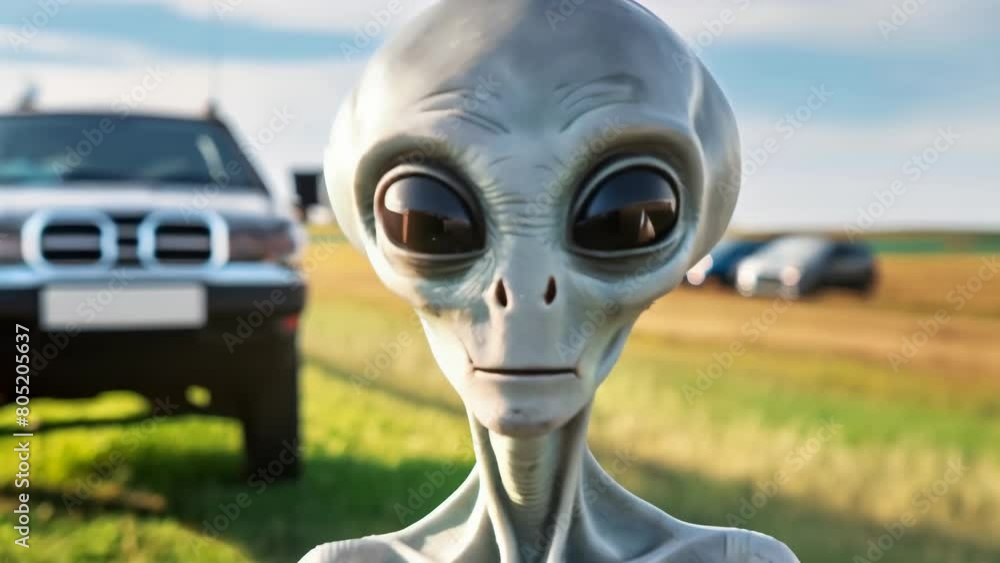 Detailed close-up of an alien character's face with large eyes and ...