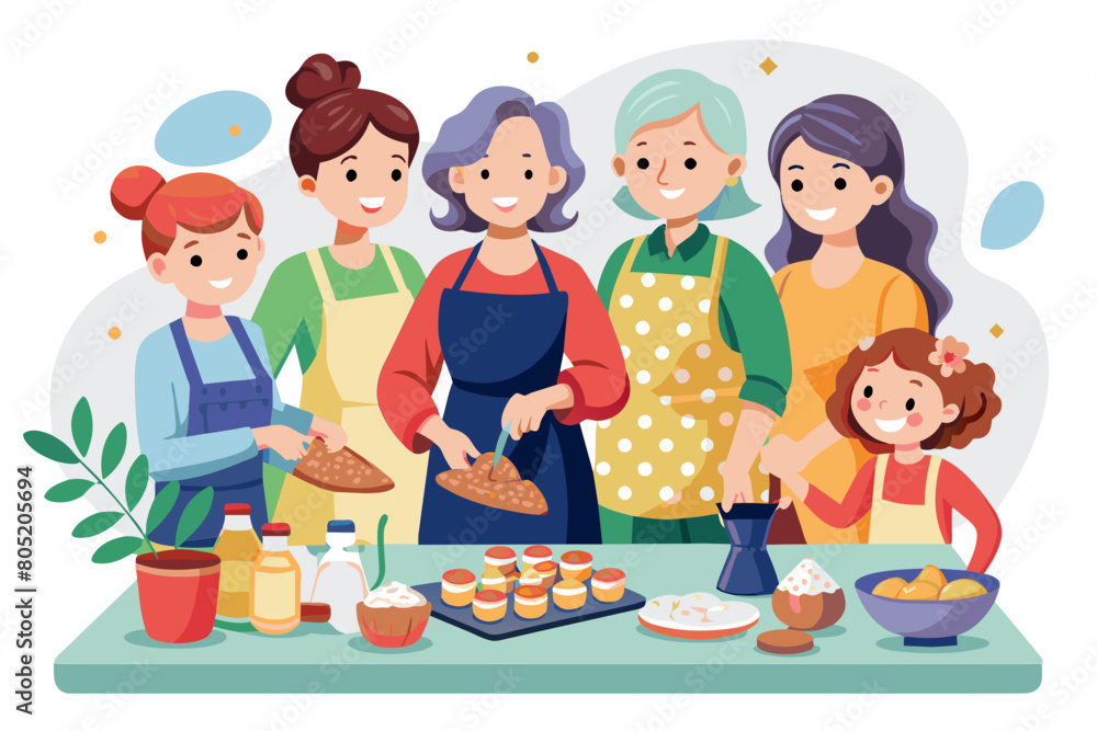 Smiling older and younger women cooking together in the kitchen Happy mature female enjoy food preparation with young adult daughter standing at table flattening homemade dough make cookies at home Smiling older and younger women cooking together in the kitchen Happy mature female enjoy food preparation with young adult daughter standing at table flattening homemade dough make cookies at home