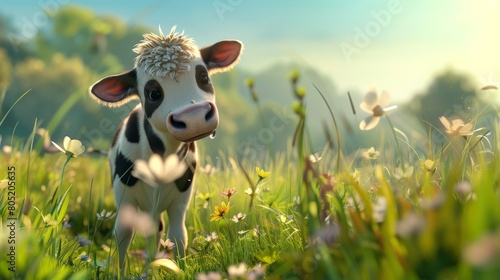 A cute cow standing in a green field of grass and flowers