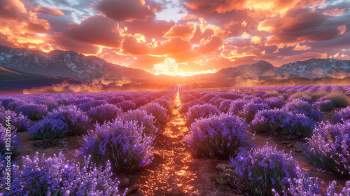 Golden sunset illuminating a vast lavender field in Provence, creating a vivid and aromatic landscape