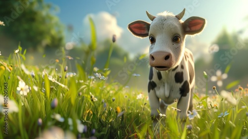A cute cow standing in a green field of grass and flowers looking at the camera