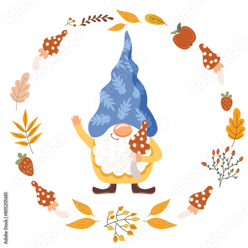 Illustration of a whimsical gnome with a mushroom. Vector artwork.