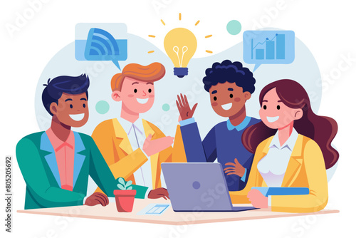 Happy young diverse business colleagues having fun at corporate meeting brainstorming on funny ideas for project discussing creative work strategy laughing talking relaxing modern flat design simple