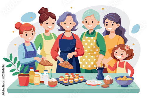 Smiling older and younger women cooking together in the kitchen Happy mature female enjoy food preparation with young adult daughter standing at table flattening homemade dough make cookies at home