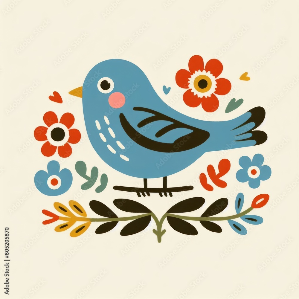 Simple folk style illustration of a bluebird with red, orange, and yellow flower, on white background