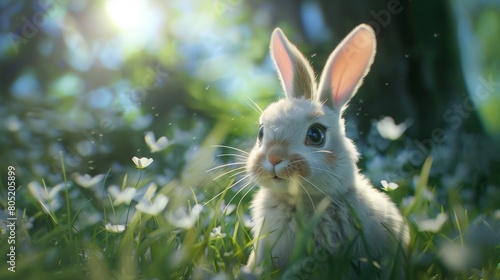 A cute white bunny sits in a lush green field full of flowers.