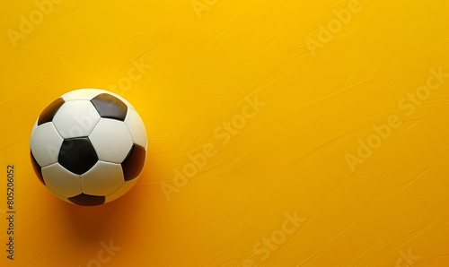 Top view photo of white and black soccer ball as football concept . Minimalist flat lay image of leather football ball over yellow turquoise background with copy space