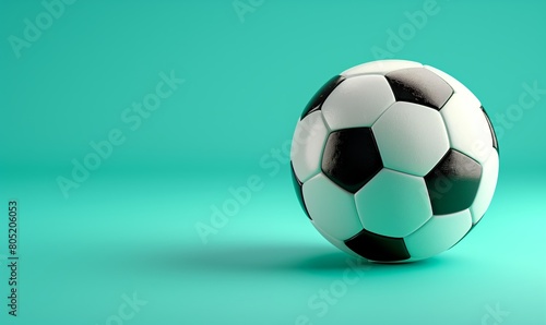 Top view photo of white and black soccer ball as football concept . Minimalist flat lay image of leather football ball over mint turquoise background with copy space