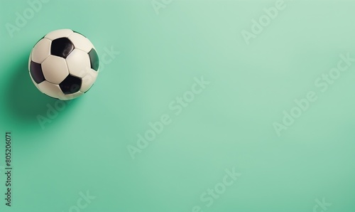Top view photo of white and black soccer ball as football concept . Minimalist flat lay image of leather football ball over mint turquoise background with copy space