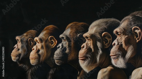 Human evolution. A study of the sequence of biological evolution of Homo sapiens. The face of a monkey, ape, ancient humans, modern humans,biology learning illustrations